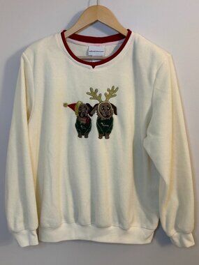 Alfred Dunner Christmas Dogs Embroidered Fleece Sweatshirt Holiday Sweater
